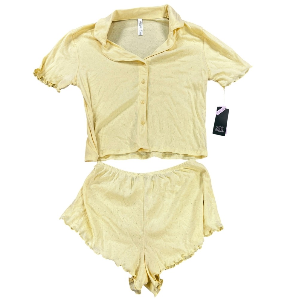 Wild Fable Women's Pajama Set Small Yellow Pointelle Ribbed Notch Collar Shorts